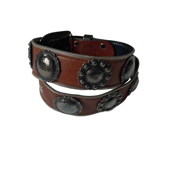 Vintage 1990s Boho Leather Medallion Belt Made in USA Brown Silver EUC - Picture 11 of 14